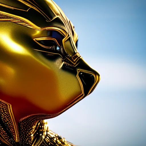 Image similar to a close up photo of a detailed golden statue of Black Panther, 8K,