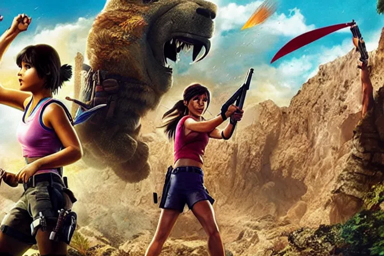 Image similar to Dora the Explorer vs Lara Croft, film by Michael Bay