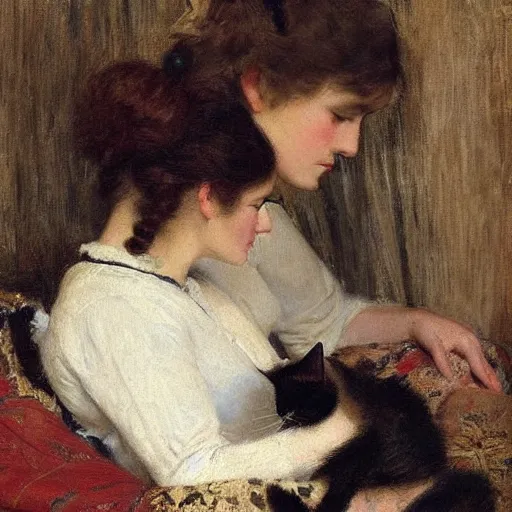 Image similar to young woman petting her cat by alfred stevens