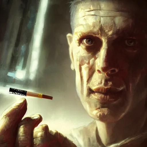 Prompt: case, portrait of an augmented middle aged human, cigarette, smoke, neuromancer, painted by seb mckinnon, high detail, dramatic light, digital art, painted by greg rutkowski, promotional movie posterart, trending on artstation