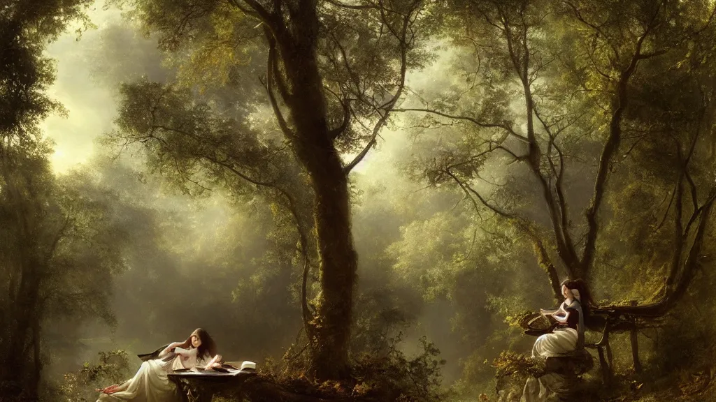 Prompt: girl reading on a treebranch in the magical forest. andreas achenbach, artgerm, mikko lagerstedt, zack snyder, tokujin yoshioka, impressionist