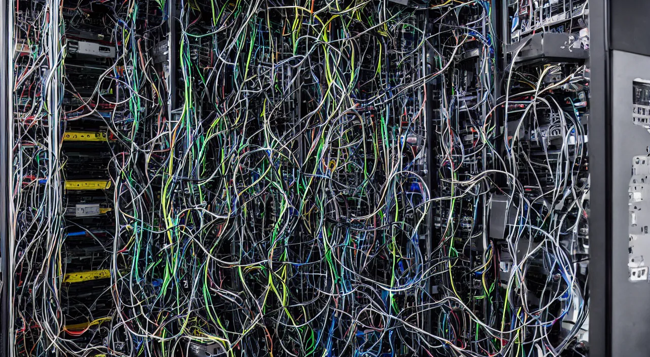 Image similar to broken corrupted server rack computer crypto mining data center servers equipment wires cables, chaotic 5 5 mm photography detailed footage