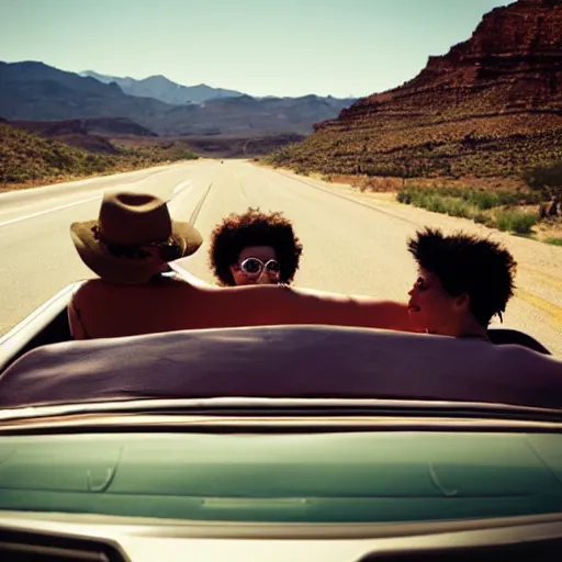 Image similar to three friends in an open convertible, roadtrip on route 66