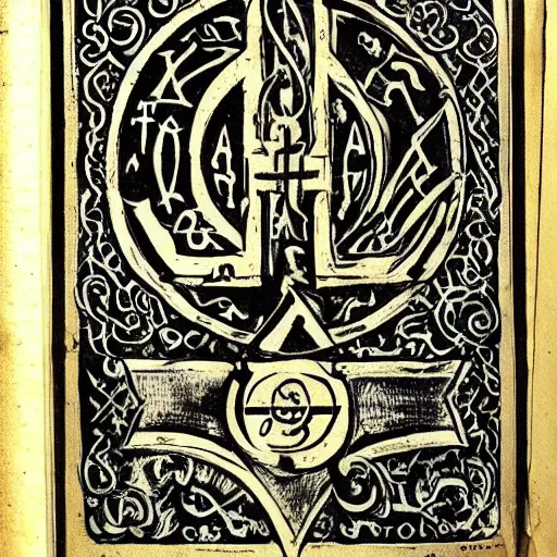 Prompt: magic holy fire iconography old book vintage bible occult rune sketch alchemy ink