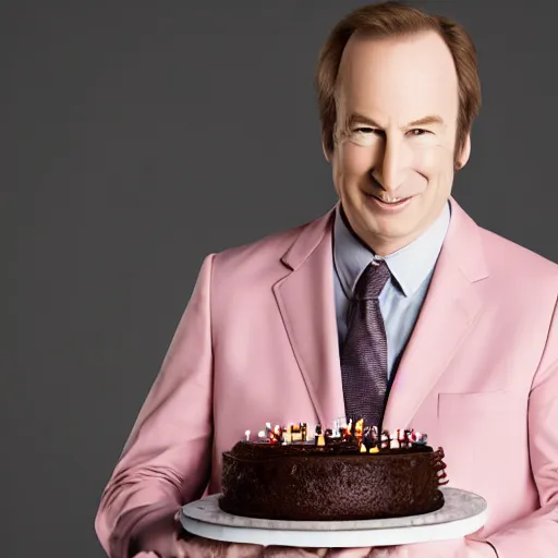 Prompt: bob odenkirk, grinning, wearing a light - pink suit, holding a brown chocolate birthday cake, 3 7 numbered candles, studio photograph, cinematic lighting, symmetrical face