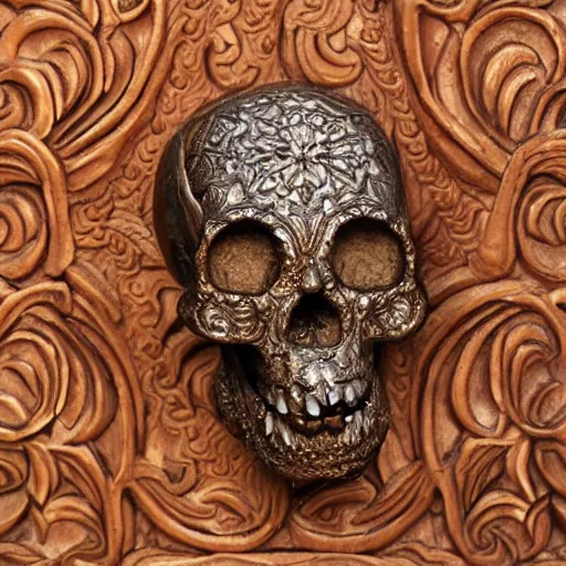 Image similar to intricately carved human skull, intricate ornament, baroque style, Oriental ornament