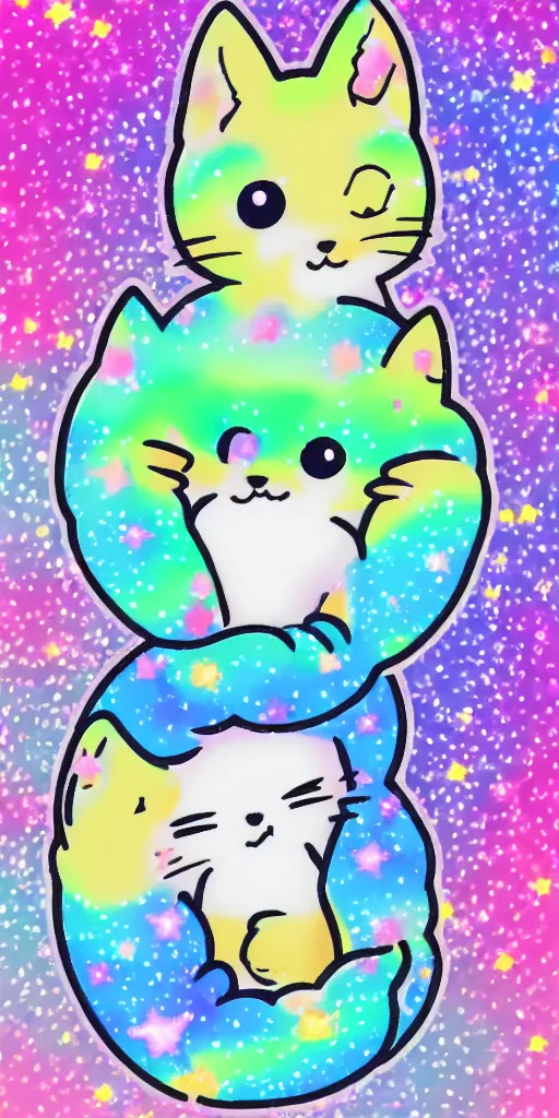 Image similar to a tiny cute kitten sleeping, puffy sticker, glitter sticker, kawaii by studio ghibli, by lisa frank 8 k pastel colours, isometric, smeared watercolours,