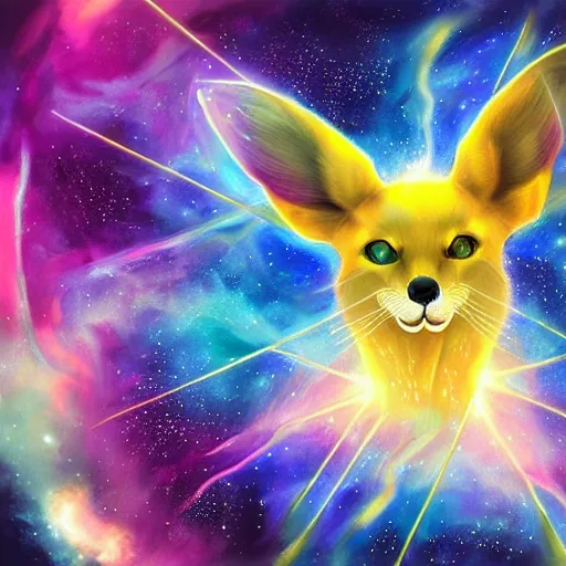 Image similar to geometric symmetrical jolteon with galaxy eyes in space, nebula in the background, intricate, elegant, highly detailed, digital painting, artstation, concept art, smooth, sharp focus, illustration, art by artgerm