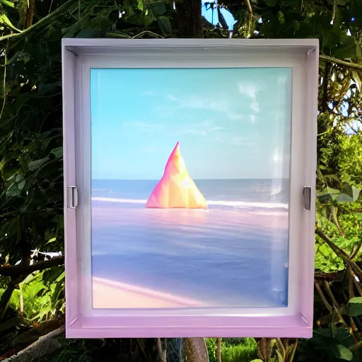 Image similar to a pastel colour high fidelity Polaroid art photo from a holiday album at a seaside with abstract inflatable parachute furniture, all objects made of transparent iridescent Perspex and metallic silver, no people, iridescence, nostalgic