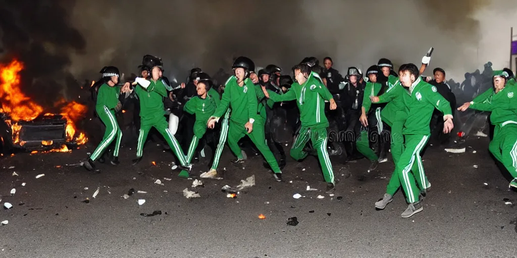 Prompt: photo of young men wearing green and white tracksuits fighting cops in a riot with burning cars, mid shot, editorial photography, night