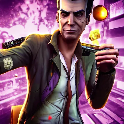 Image similar to 8K Portrait, medium shot, sadistic godlike Handsome Jack with a shotgun in his hands, from the Borderlands series, Pandora Vault in the background , post-processing , photorealistic, digital painting, award winning, superb resolution, in the art style of Karen Mead, Hyper realistic, 3D Portrait, octane render, arnorld render, DAZ, PBR, path tracing, volumetric lighting, attention to detail, polished, high resolution, 3-point perspective, unreal engine 5, IMAX quality, cinematic, intricate, dramatic, symmetrical