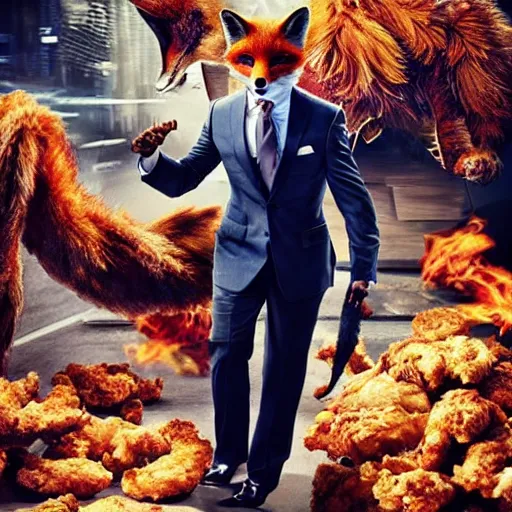 Image similar to hdr quality poster for an action movie fearing cool looking anthropomorphic male fox in suit, stealing lots of fried chicken, promotional media