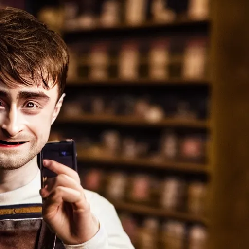 Image similar to photograph of daniel radcliffe as harry potter holding an iphone, canon mark ii, f / 1. 2, 8 k