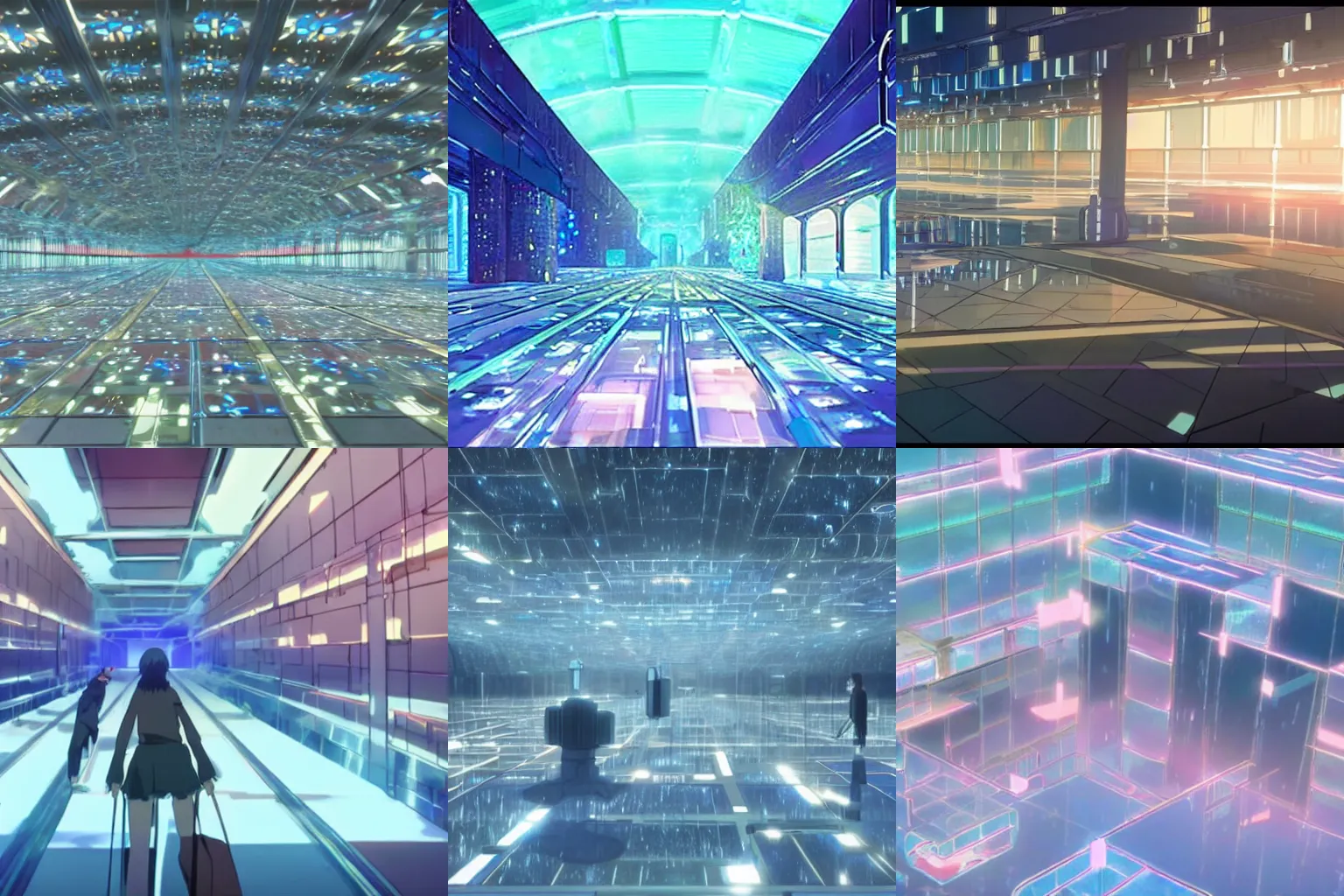 Prompt: underground facility with duplicated crystal prisms, screenshot from the anime science fiction film, from the anime by makoto shinkai