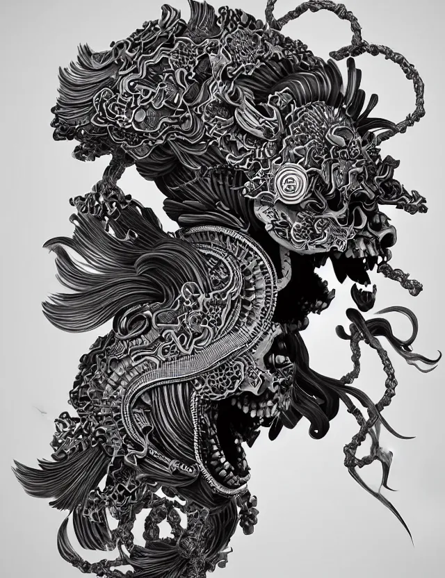 Prompt: 3 d goddess close - up profile skull biohazard portrait with crown, ram skull. beautiful intricately detailed japanese crow kitsune mask and clasical japanese kimono. betta fish, jellyfish phoenix, bio luminescent, plasma, ice, water, wind, creature, artwork by tooth wu and wlop and beeple and greg rutkowski