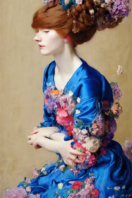 Prompt: a painting of a woman in a blue silk dress with a floral pattern, a colorful flowery character portrait by ruan jia, vivid color hues, intricate sharp detail, cgsociety, rococo, ilya kuvshinov, made of flowers, pre - raphaelite