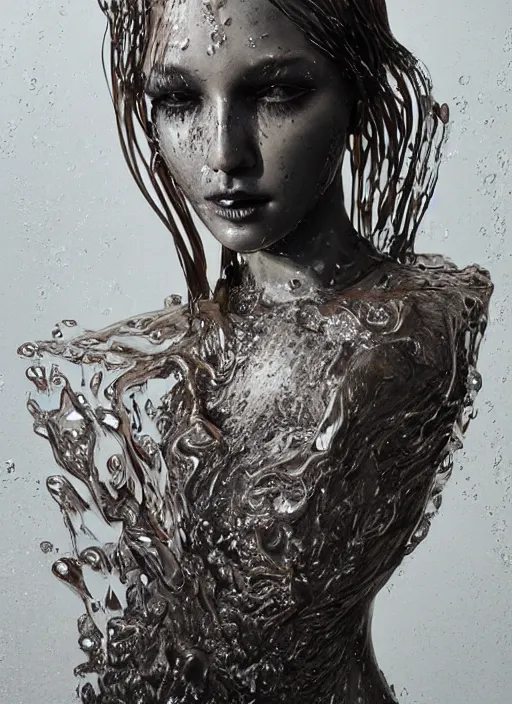 Image similar to sculpture made of water, portrait, female, future, shaman, harper's bazaar, vogue, magazine, insanely detailed and intricate, concept art, close up, wet, ornate, luxury, elite, elegant, trending on artstation, by ruan jia, by Kenneth Willardt, by ross tran, by WLOP, by Andrei Riabovitchev,