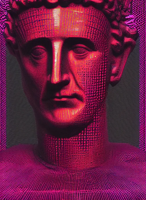 Image similar to black background with subtle red and purple design elements, bust of julius caesar, nekro, modern design, collage art, thin lines, dark, glitch art, neo vaporwave, gritty, layout frame, trending on artstation