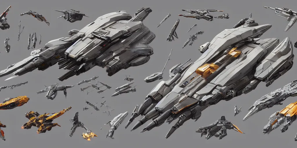 Image similar to Futuristic sci-fi props and gadget, hard surface, collection ,kitbash, parts, artstation, 8k, Shape and form, in watercolor gouache detailed paintings , hull, elite dangerous, star citizen , modular, pieces, big medium small, golden ratio, moebius, close up, form and shape exploration, in watercolor gouache detailed paintings