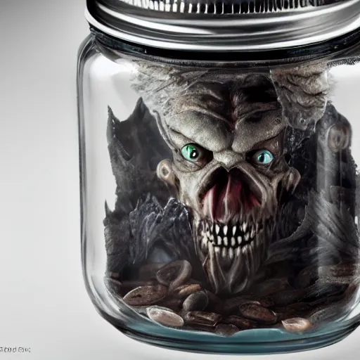 Image similar to Evil monster in a jar by John Howe, product photography, centered, studio lightning