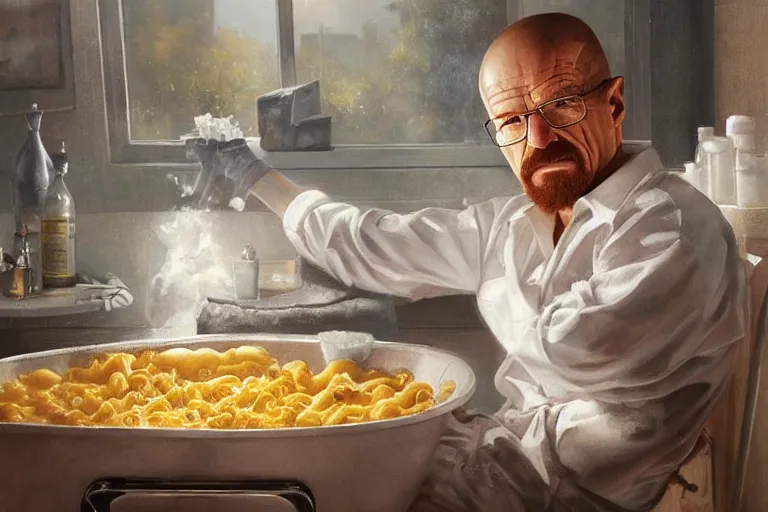 Image similar to portrait of walter white sitting in a bathtub full of mac and cheese, an oil painting by ross tran and thomas kincade