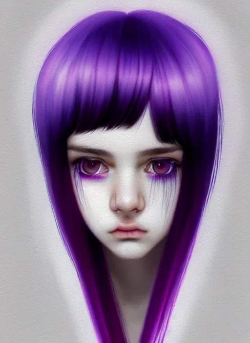 Image similar to hair whitebangs hair, black hair, whitebangs, portrait of teenage girl with white bangs, red irises, purple clothes, white bangs, bangs are different color from hair, intricate, elegant, glowing lights, highly detailed, digital painting, artstation, concept art, smooth, sharp focus, illustration, art by wlop, mars ravelo and greg rutkowski