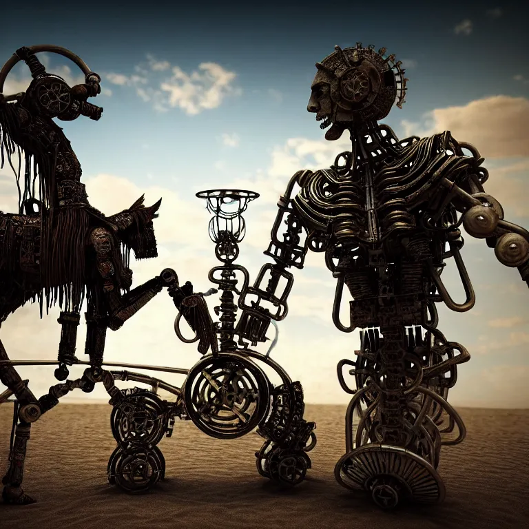 Prompt: A techno-magical shaman performs a ritual to resurrect a mechanical horse. The steel ancient ruins are covered with sand. masterpiece, fantasy art, future, cinematic, hyperdetailed, photorealistic, sigil, hyperrealism, octane rendering, 8k, depth of field, bokeh, shadows