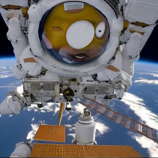 Image similar to homer simpson goes too space footage from the iss, homer simpson in the iss, realistic, hdr, clear image,