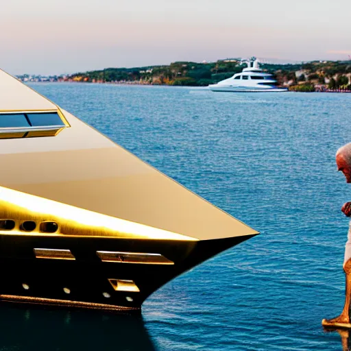 Prompt: wrinkled old man polishing the side of a gold plated mega yacht