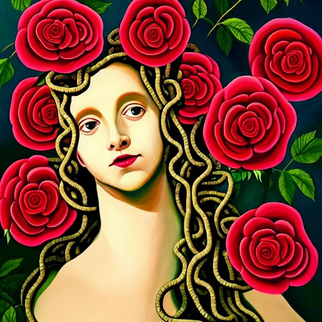 Image similar to a beautiful painting medusa's head is in the rose, by theoretical part painting