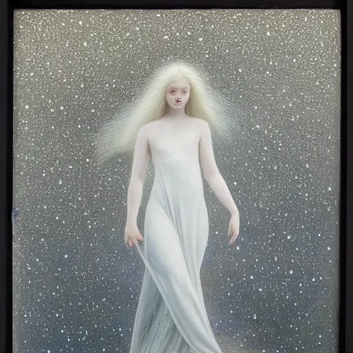 Image similar to Painting of Elle Fanning under a black sky filled with stars, long blonde hair, delicate, pale milky white porcelain skin, by Jean Giraud Moebius. 8K. Extremely detailed.