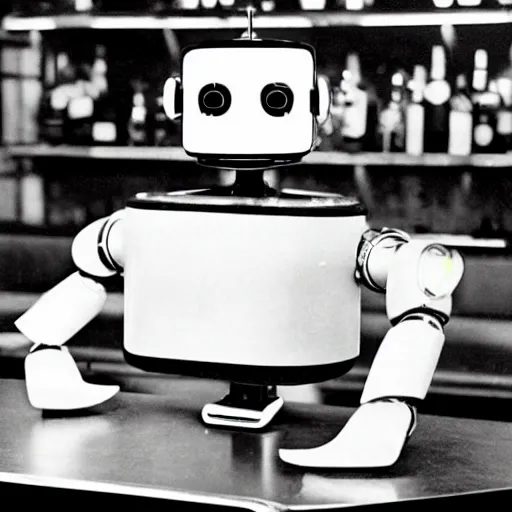 Prompt: A duck shaped robot is serving drinks in a bar in the 50's