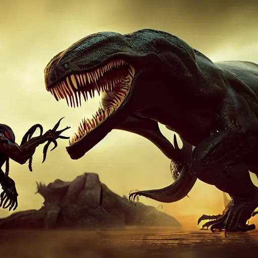 Image similar to venom fighting a t - rex, trending on artstation, 4 k, 8 k