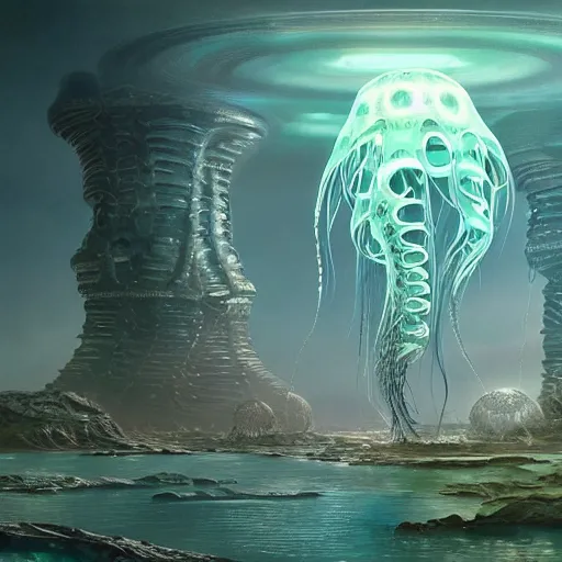 Image similar to photorealistic beautiful alien jellyfish palace world in the style of greg rutkowski and michael whelan. hyperdetailed photorealism, 1 0 8 megapixels, imposing, amazing depth, glowing rich colors, powerful imagery, psychedelic overtones, 3 d finalrender, 3 d shading, cinematic lighting, artstation concept art