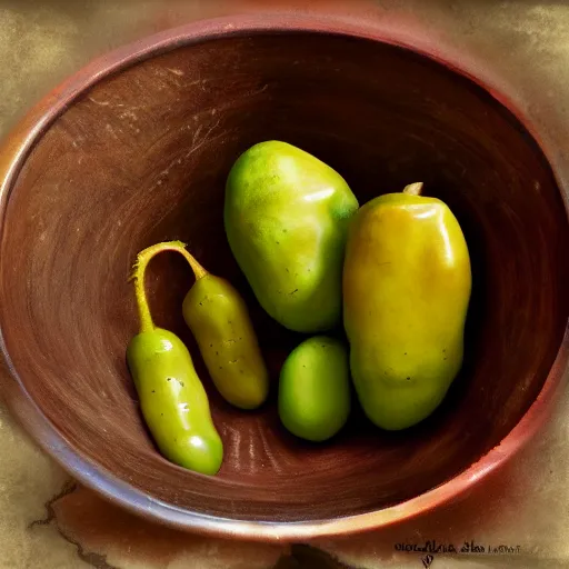 Prompt: a bowl of strange alien fruits of assorted shapes and colours