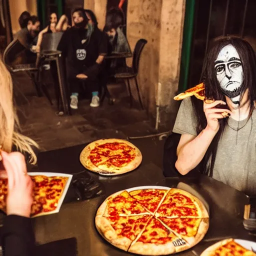 Prompt: a black metal band with makeup standing eating pizza in rome