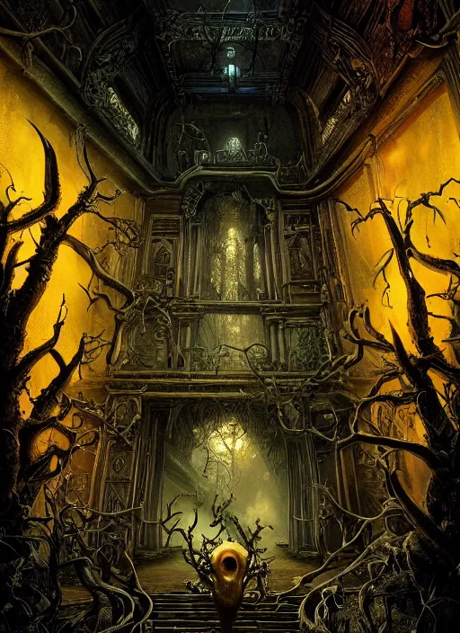 Prompt: a photorealistic dramatic hyperrealistic render of an eerie haunted house in pan's labyrinth by joe fenton, color poster art design, intricate details, beautiful dynamic dramatic dark moody tones and lighting, shadows, cinematic atmosphere, octane render, 8 k