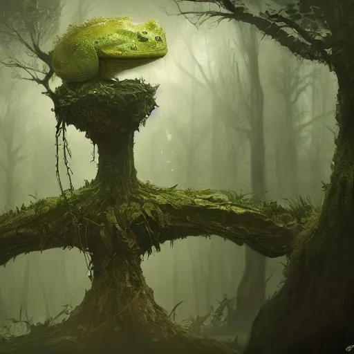 Prompt: living tree, tree has legs and eyes, in the shape of a frog, swamp, greg rutkowski, trending on art station, highly detailed, magic the gathering, matte painting