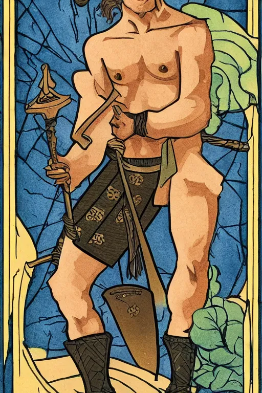 Prompt: tarot card of a shirtless swordsman, dad bod, homoerotic, art deco, art nouveau, trending on artstation