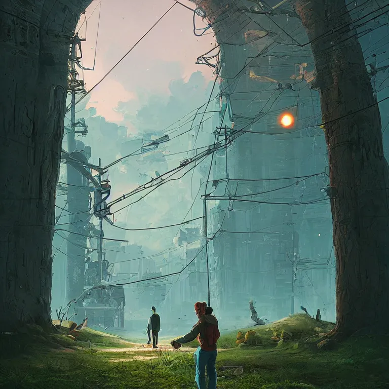 Prompt: through a portal. Detailed digital matte painting in the style of simon stalenhag