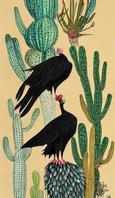 Image similar to turkey vulture sitting on cactus by Shen Quan, hanging scroll, ink and colours on silk