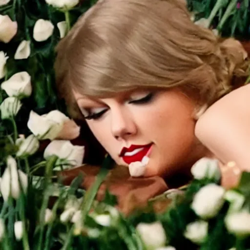 Image similar to Taylor Swift resting inside a coffin, movie scene, closed eyes, flowers,