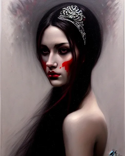 Prompt: portrait of a beautiful princess, enigmatic beauty, dominant shades of black, silver, dark red, white, head in focus, ornamental aesthetics!!! intricate, elegant, highly detailed, hyperrealistiic painting, artstation, concept art, painterly, sharp focus, illustration, art by karol bak