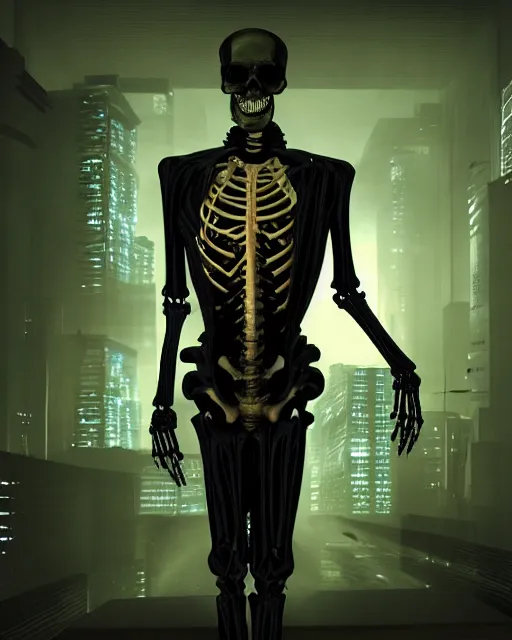 Prompt: dramatic cyberpunk portrait of a skeleton in a suit, rbg color glow, atmospheric haze, intense shading, single light source