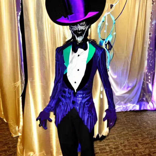 Image similar to undead night elf at prom wearing a tophat, exquisite detail, lasers, disco ball,