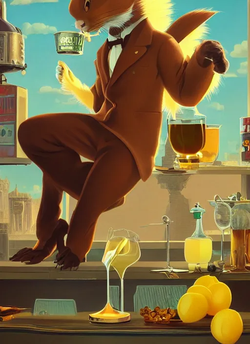 Prompt: squirrel anthro as a dapper bartender with a big, fluffy tail, retro futurism, art deco, detailed, painterly digital art by WLOP and Cory Loftis and Maxfield Parrish, 🐿🍸🍋, furaffinity, trending on artstation