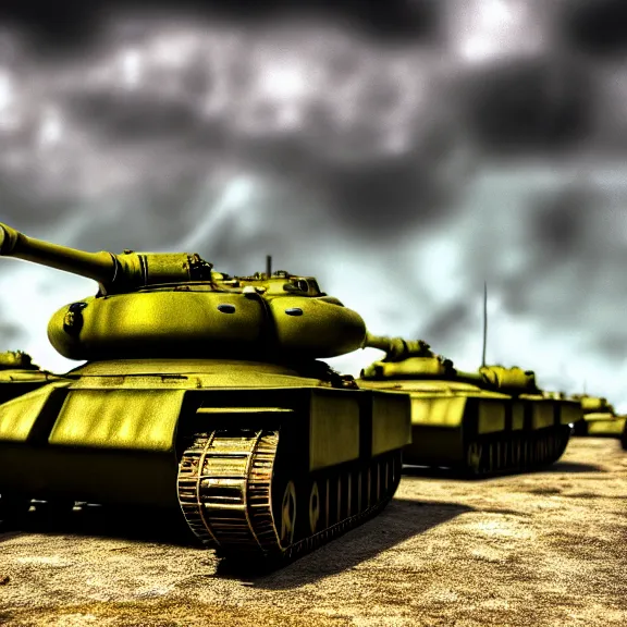 Prompt: atompunk tanks doing battle, 4 k, hdr, smooth, sharp focus, high resolution, award - winning photo