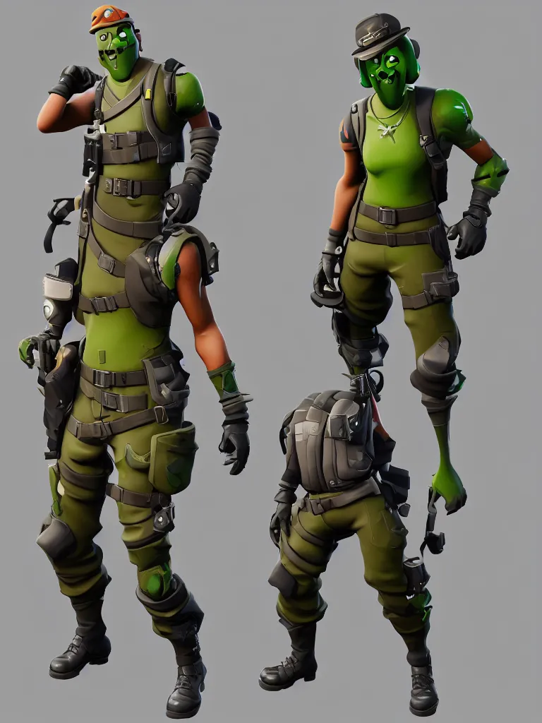 Image similar to fortnite character, anthropomorphic pickle, kind eyes and a derpy smile. flak jacket, ammo bandolier, cargo pants, black combat boots. fortnite style, unreal engine