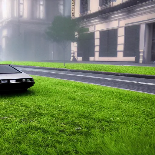 Image similar to hyperdetailed, photorealistic photograph of a dmc 1 2 delorean driving in the streets, rain, night, dense fog, hd, unreal engine 5