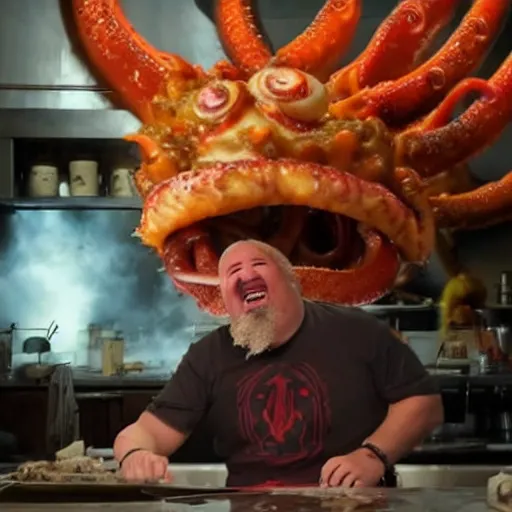 Image similar to guy fieri, mixed with an eldritch horror monster, with tentacles, in a restaurant kitchen, film still from the movie directed by denis villeneuve with art direction by salvador dali